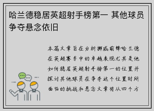 哈兰德稳居英超射手榜第一 其他球员争夺悬念依旧 哈兰德稳居英超射手榜第一 其他球员争夺悬念依旧
