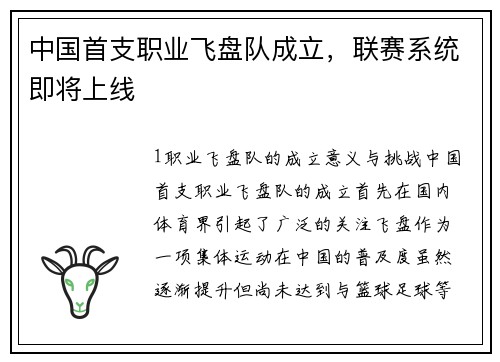 中国首支职业飞盘队成立，联赛系统即将上线